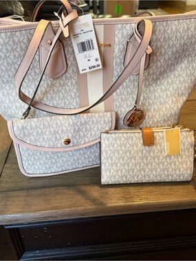 Michael Kors Pink and Cream MK Logo Tote with Matching Wallets